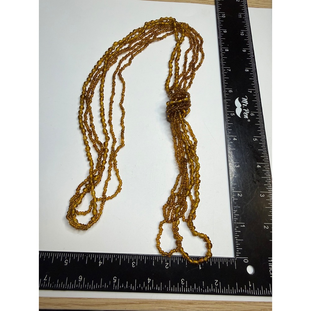Amber Glass Seed Bead Multi Strand Knot Statement Flapper Necklace Honey Brown
